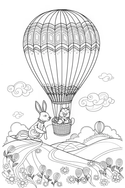 Rainbow Hot Air Balloon Adventure Coloring Page
