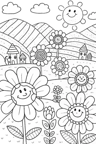 Whimsical Flower Kingdom Coloring Page