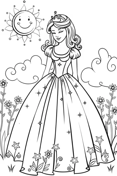 Celestial princess in a starlit garden coloring page