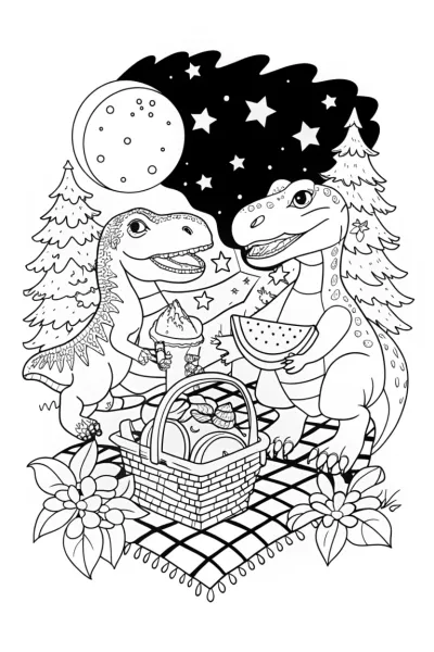 Dino Diners Under the Stars Coloring Page