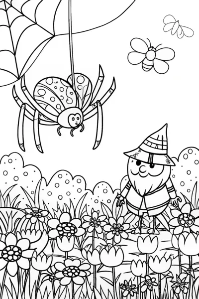 Whimsical Spider and Garden Gnome Coloring Page