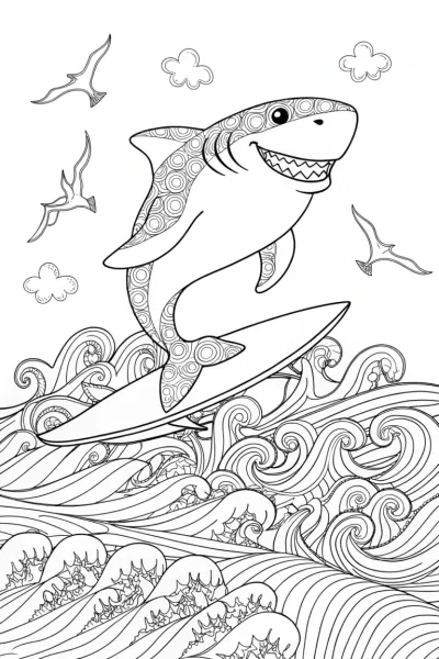 Shark Surfing in the Sun Coloring Page