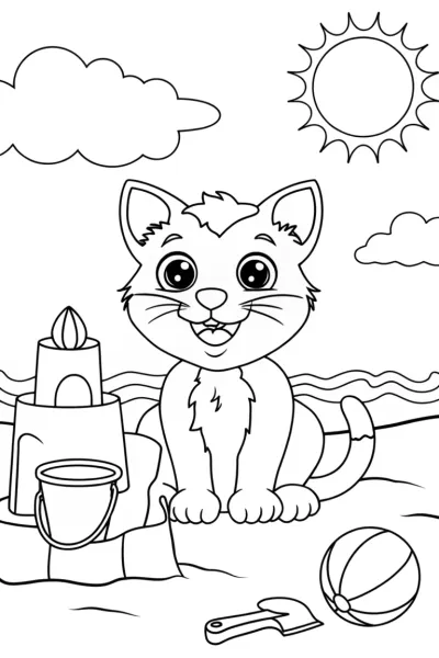 Sandy the Cat’s Beach Sandcastle Coloring Page