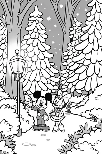 Mickey and Minnie in the Christmas Forest Coloring Page