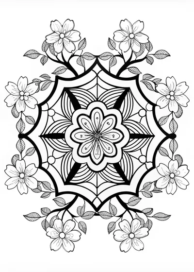 Mandala and Cherry Blossom Coloring Page