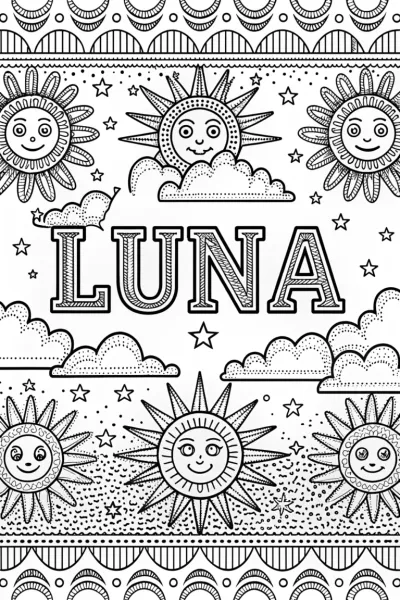 LUNA Coloring Page with Happy Suns and Stars