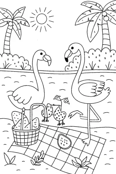 Flamingo Family Picnic Coloring Page
