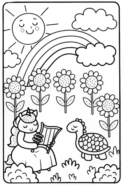 Rainbow Unicorn and Turtle Musical Coloring Page
