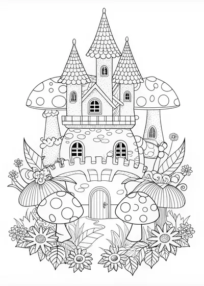 Enchanted Mushroom Castle Coloring Page