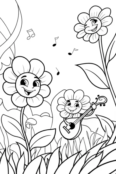 Whimsical Flower Musicians Coloring Page