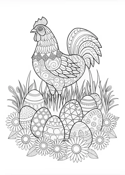 Ornate Rooster and Decorative Eggs Coloring Page