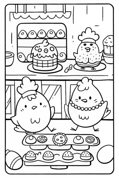 Chickens in a Cozy Bakery Coloring Page
