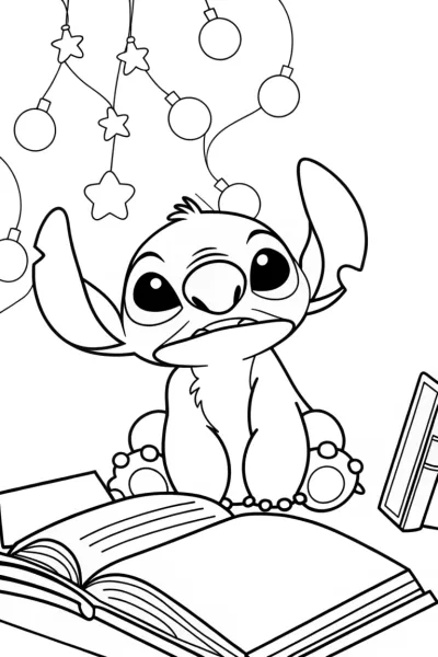 Stitch in a magical library