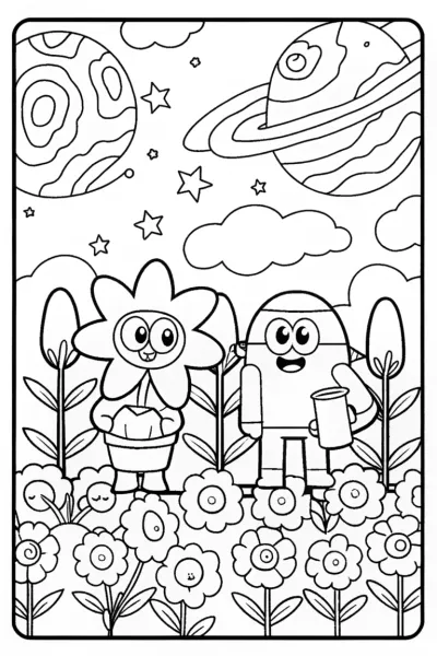 Bluey and Bingo’s Cosmic Garden Quest Coloring Page