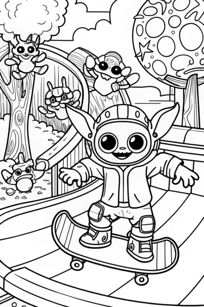 Baby Yoda’s Starry Skate Park Coloring Page