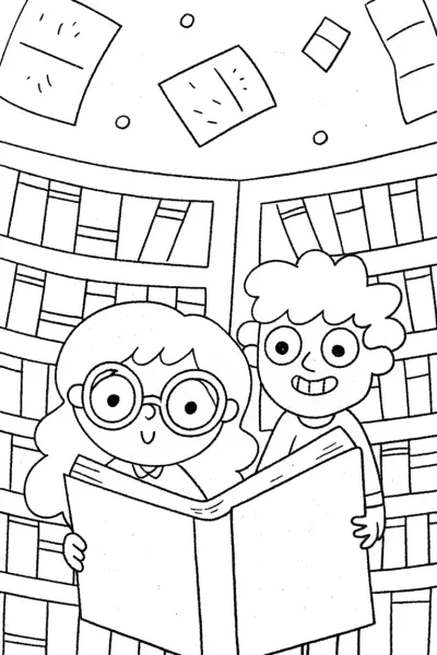 Anime Adventure in the Library of Dreams Coloring Page