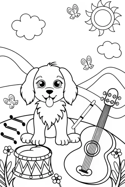 The Puppy in the Music Garden Coloring Page