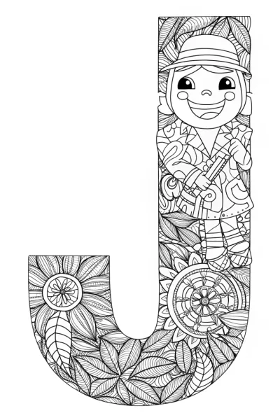 Giggling Jungle Explorer ‘J’ Coloring Page
