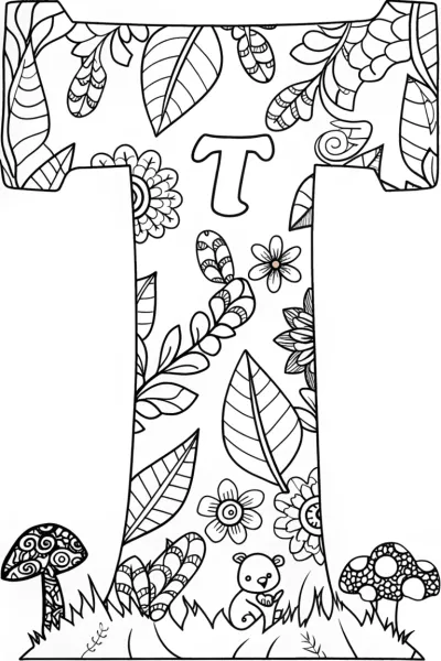 Letter ‘T’ in a Tranquil Forest Coloring Page