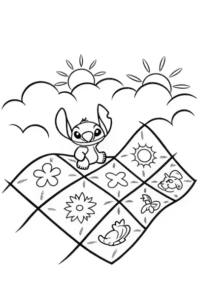 Stitch’s whimsical quilt journey coloring page