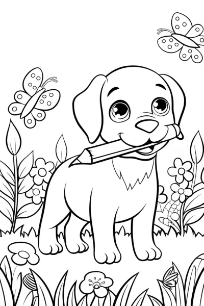 Puppy Painter in the Garden Coloring Page