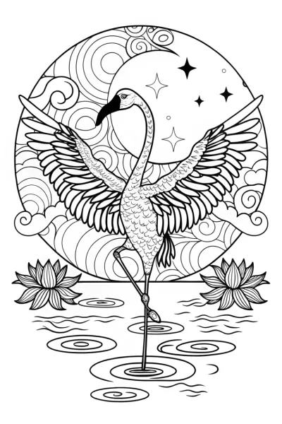 Flamingo Ballet in the Moonlight Coloring Page