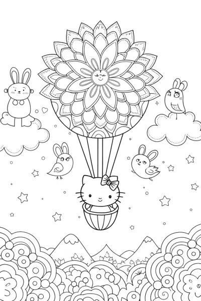 Hello Kitty’s Dreamy Balloon Adventure Coloring Page