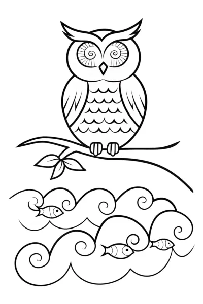 Owl in Waves Coloring Page