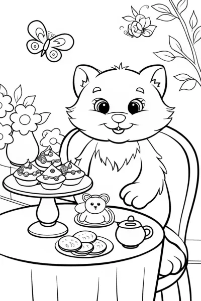Paws’ Cozy Tea Time Coloring Page