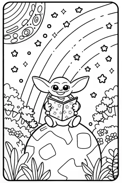 Baby Yoda’s Cosmic Treasure Hunt Coloring Page
