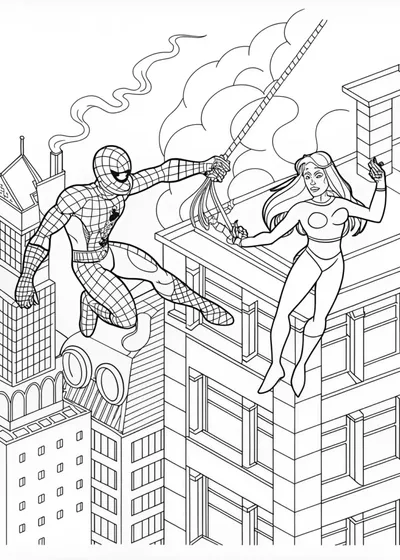 Spider-Man Web-Slinging Over City Rooftops Coloring Page