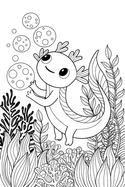 Axolotl Enchanted Bubble Garden Coloring Page