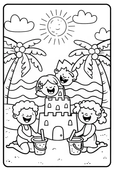 Tropical Beach Picnic Party with Friends and Sandcastles