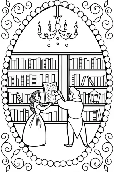 Belle and the Beast Library Adventure Coloring Page