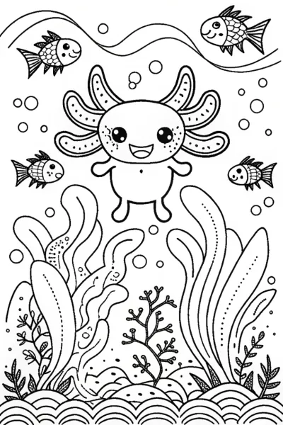 Axolotl’s Fun Underwater Adventure Coloring Page