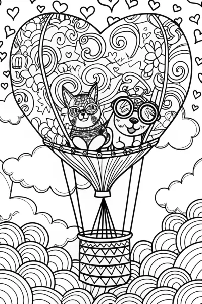 Heartfelt Adventure Coloring Page with Cat and Dog