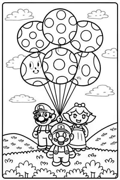 Mario’s Whimsical Balloon Adventure Coloring Page