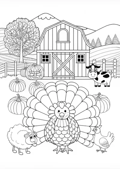 Thanksgiving Turkey at the Farm Coloring Page