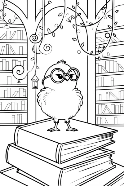 Chick’s Adventure in the Enchanted Library Coloring Page