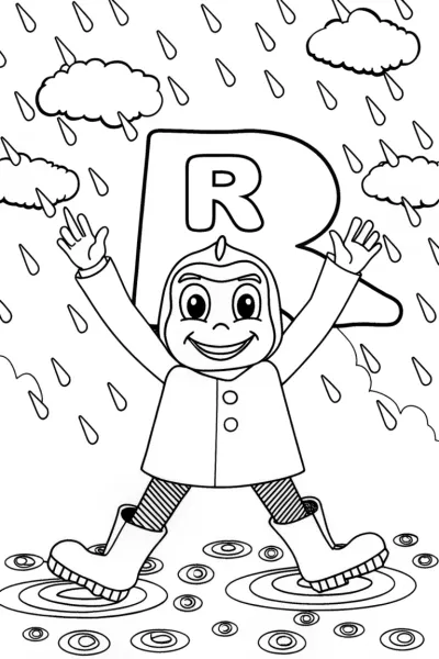 The Dancing Letter ‘R’ in the Rain Coloring Page