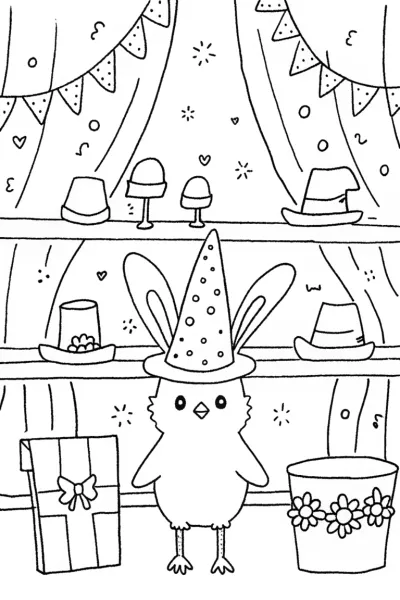 Chick in a Magical Hat Shop Coloring Page