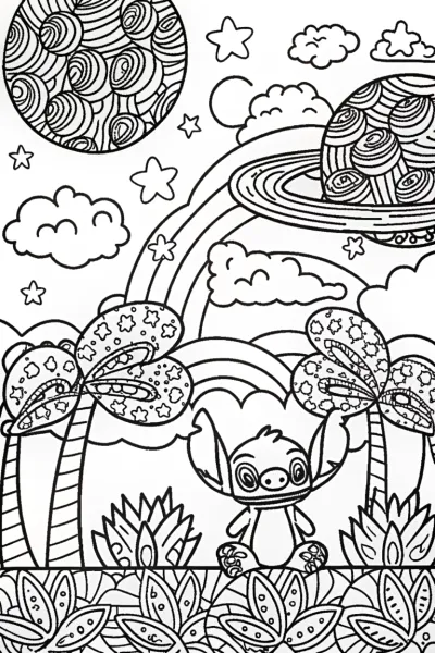 Stitch’s Galactic Gardening Adventure Coloring Page