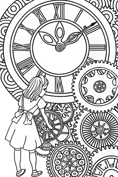 Alice’s Enchanted Clock Tower Coloring Page