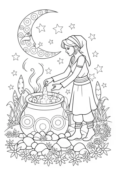 Jasmine’s Starlit Potion Adventure Coloring Page