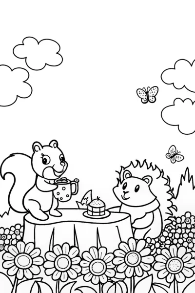 Delightful springtime garden picnic coloring page