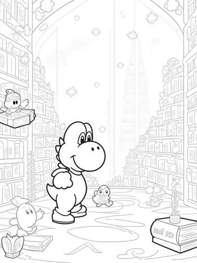 Yoshi in a magical library