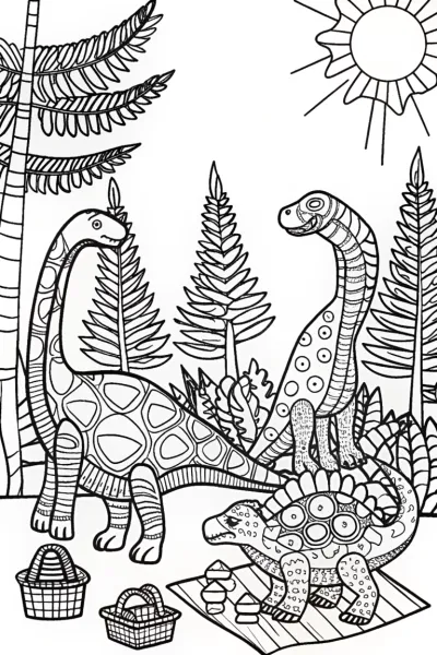 Dinosaur Picnic Party Coloring Page
