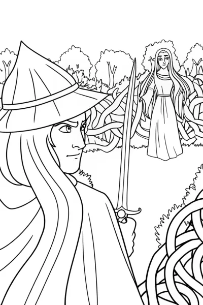 Mystical Champions in the Enchanted Labyrinth Coloring Page