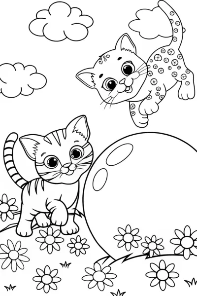 Playful Kittens in a Bubble Wonderland Coloring Page