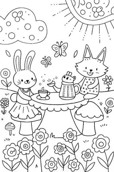 Whimsical Tea Party with Bunny and Fox in the Garden